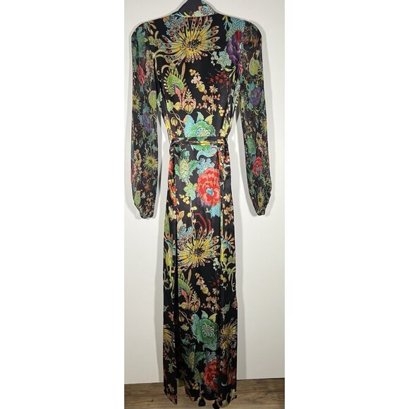 FIGUE Solana maxi silk floral designer dress XS chiffon sleeves beaded resort - Picture 4 of 15